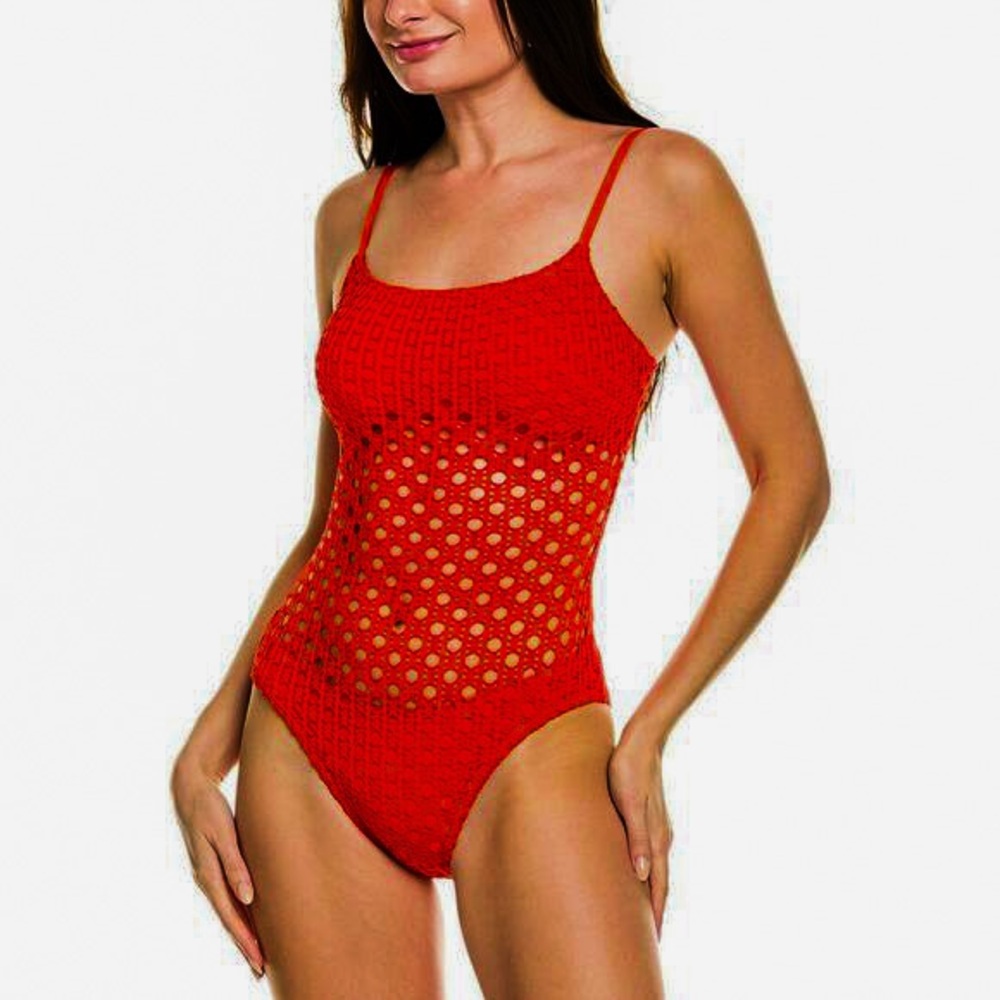 Carmen Marc Valvo Red Crochet One-Piece Swimsuit